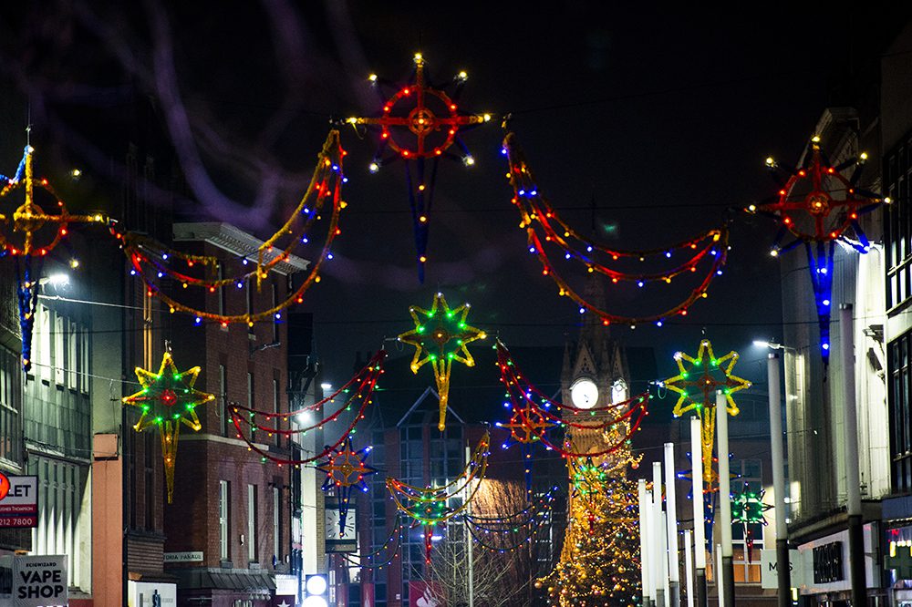 Christmas Lights above Leicester high street leading to the clock tower