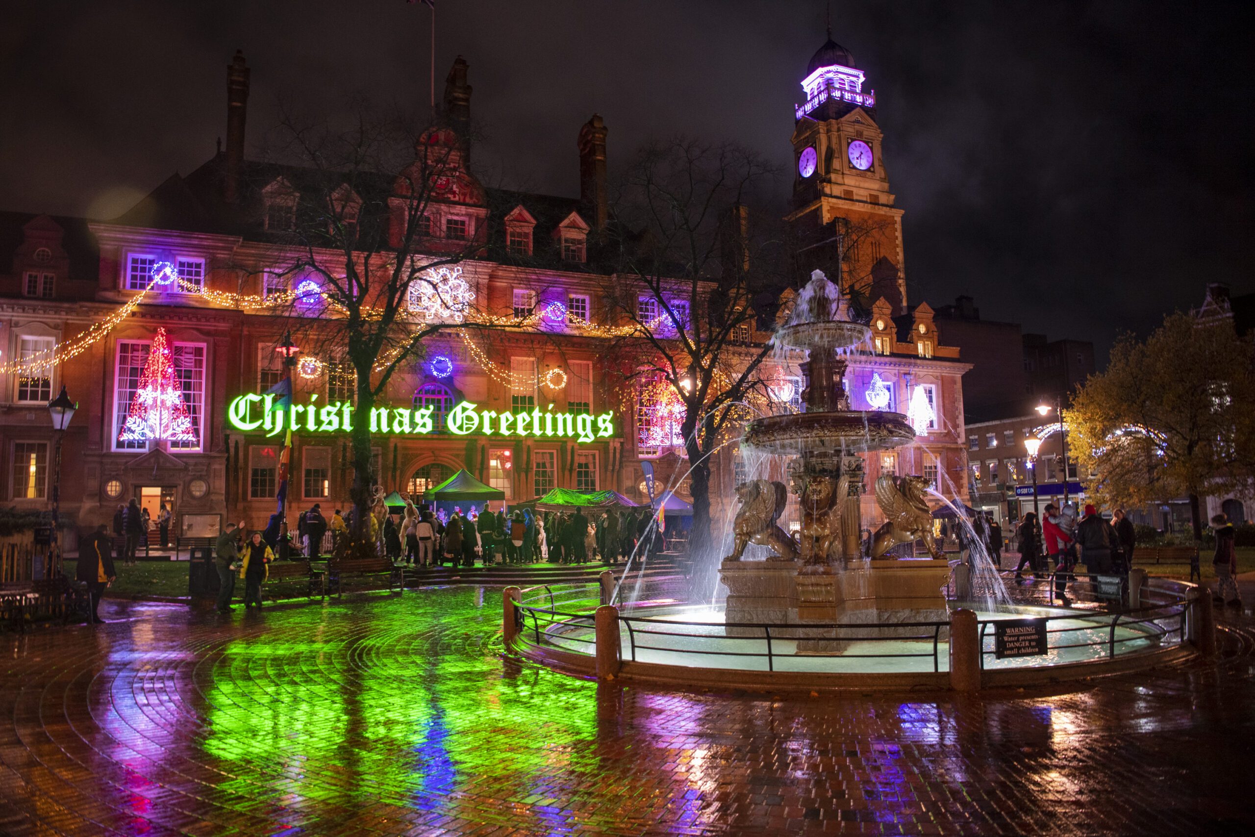 Christmas Lights and Fountain Town Hall Square at Night