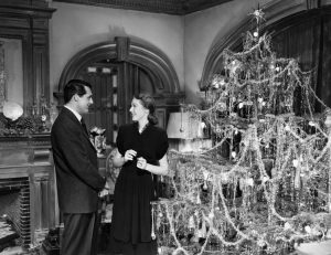 Black and white christmas tree in a film